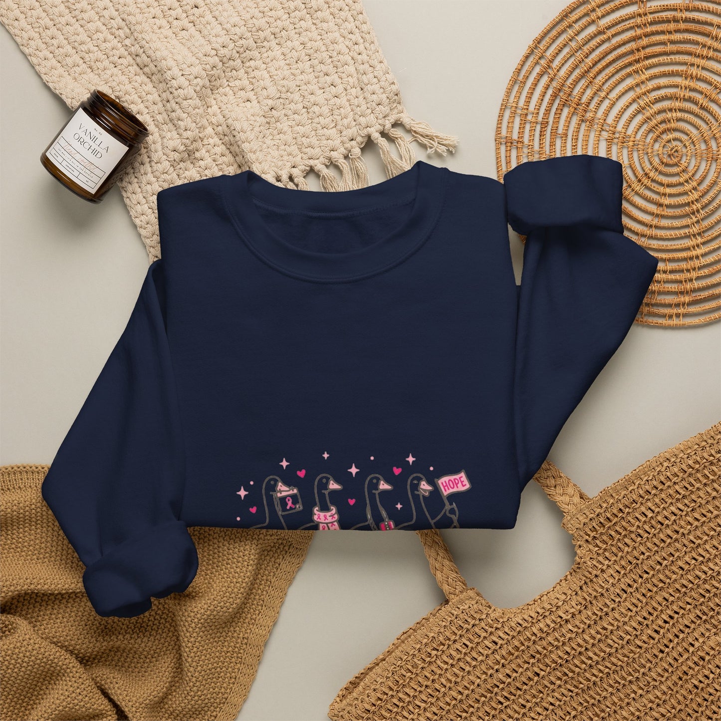 Cancer Awareness Ducks Crewneck Sweatshirt | Pink Ribbon, Supportive Typography