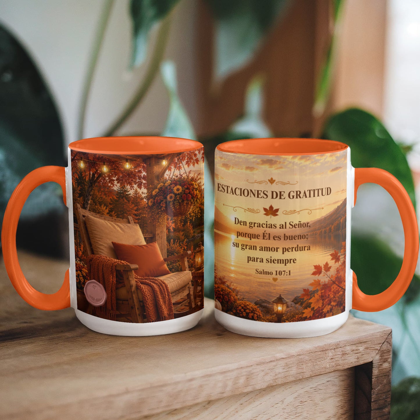 Estaciones de Gratitud | Taza Cristiana con Acento de Color | Salmo 107:1