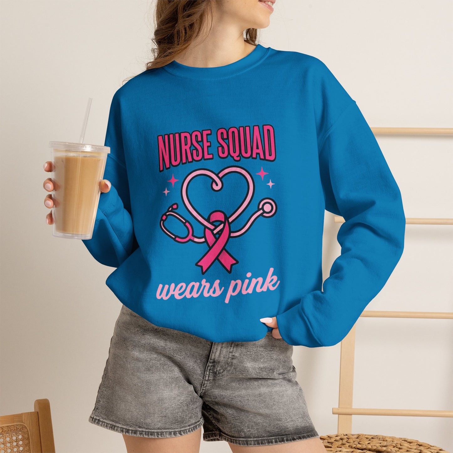 Crewneck Sweatshirt | Nurse Squad Wears Pink | Breast Cancer Awareness Nurse Pullover