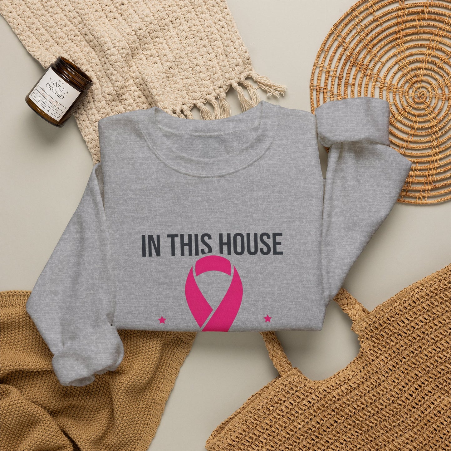 In This House We Wear Pink Crewneck Sweatshirt | Breast Cancer Awareness ribbon