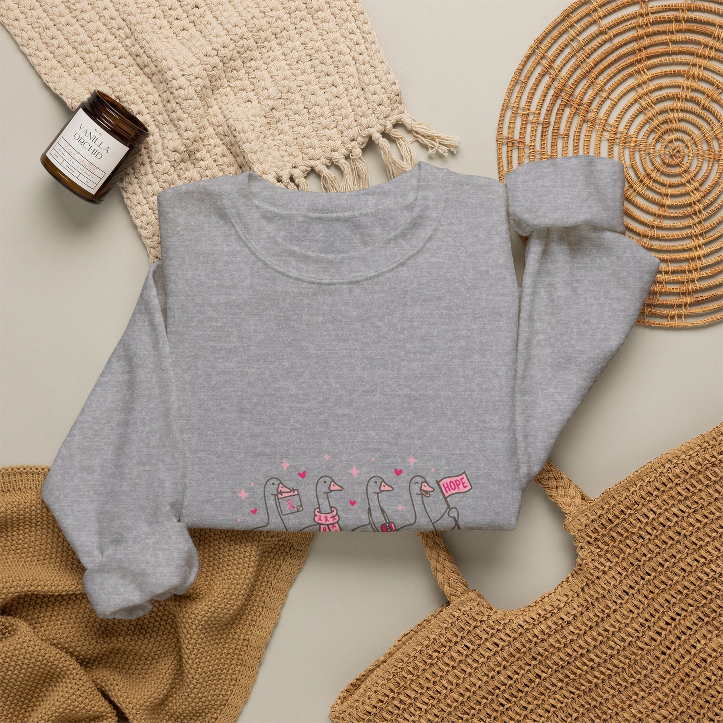 Cancer Awareness Ducks Crewneck Sweatshirt | Pink Ribbon, Supportive Typography