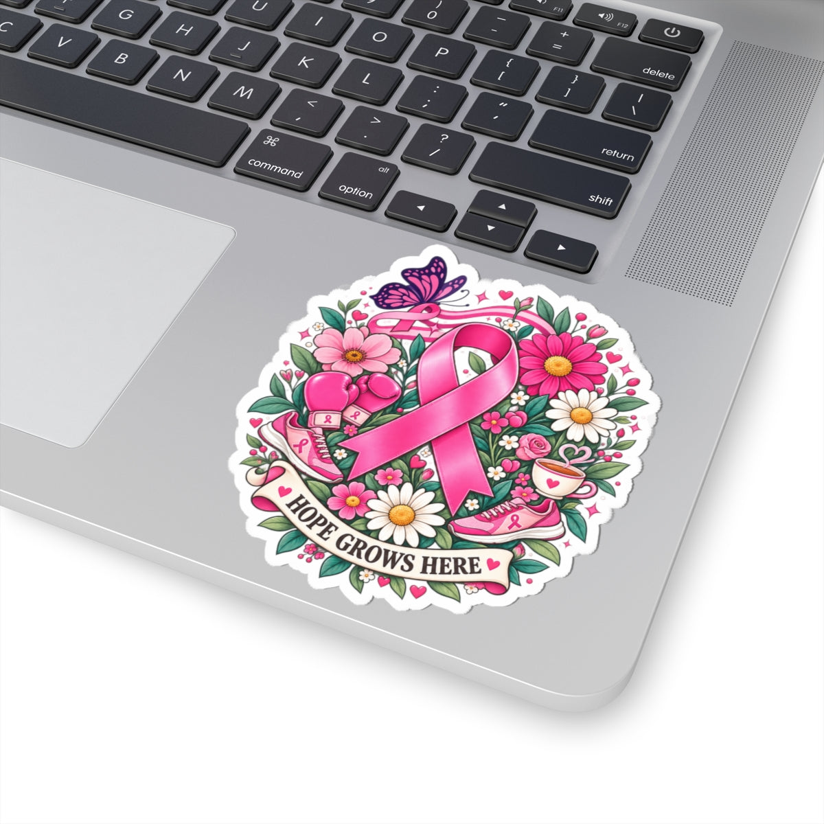 Hope Grows Here Sticker | Breast Cancer Awareness, Pink Ribbon Floral Design