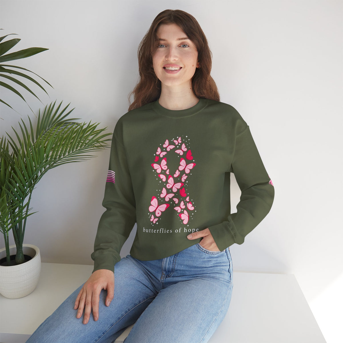 Pink Ribbon Butterfly Crewneck Sweatshirt | Breast Cancer Awareness