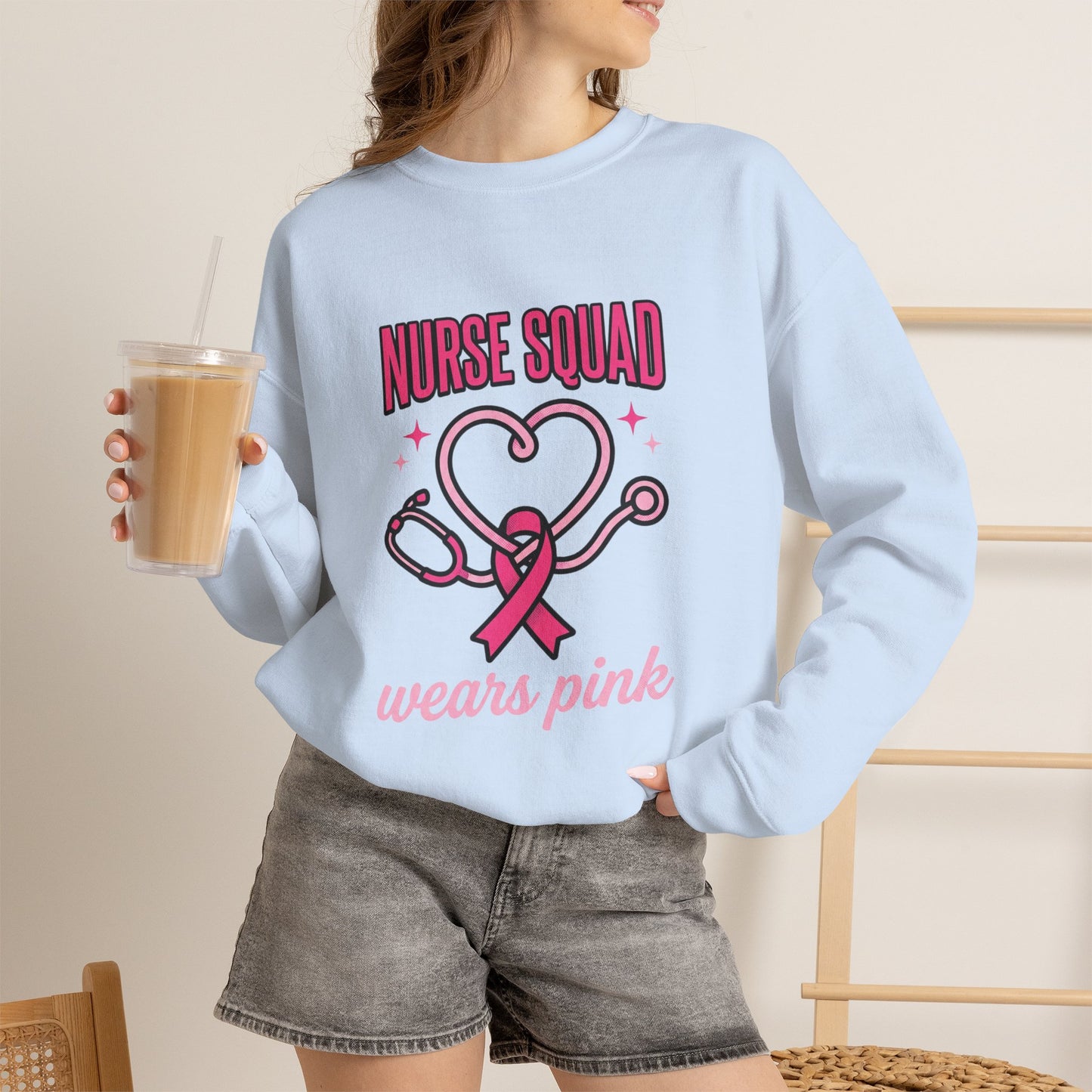Crewneck Sweatshirt | Nurse Squad Wears Pink | Breast Cancer Awareness Nurse Pullover