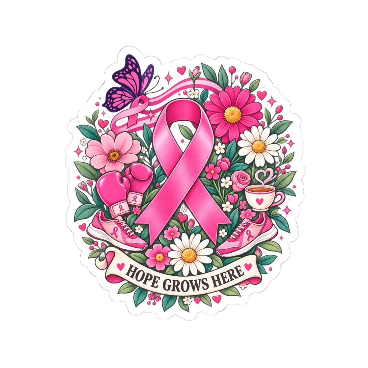 Hope Grows Here Sticker | Breast Cancer Awareness, Pink Ribbon Floral Design