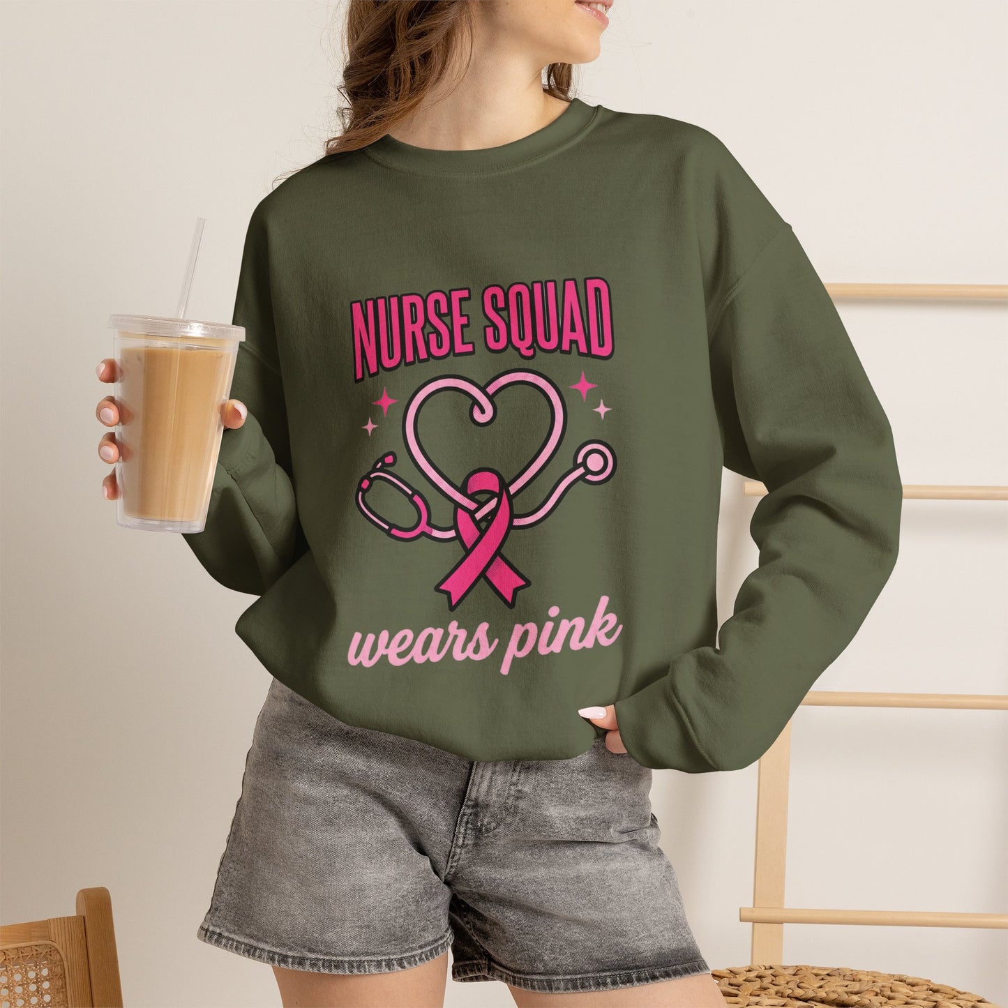 Crewneck Sweatshirt | Nurse Squad Wears Pink | Breast Cancer Awareness Nurse Pullover