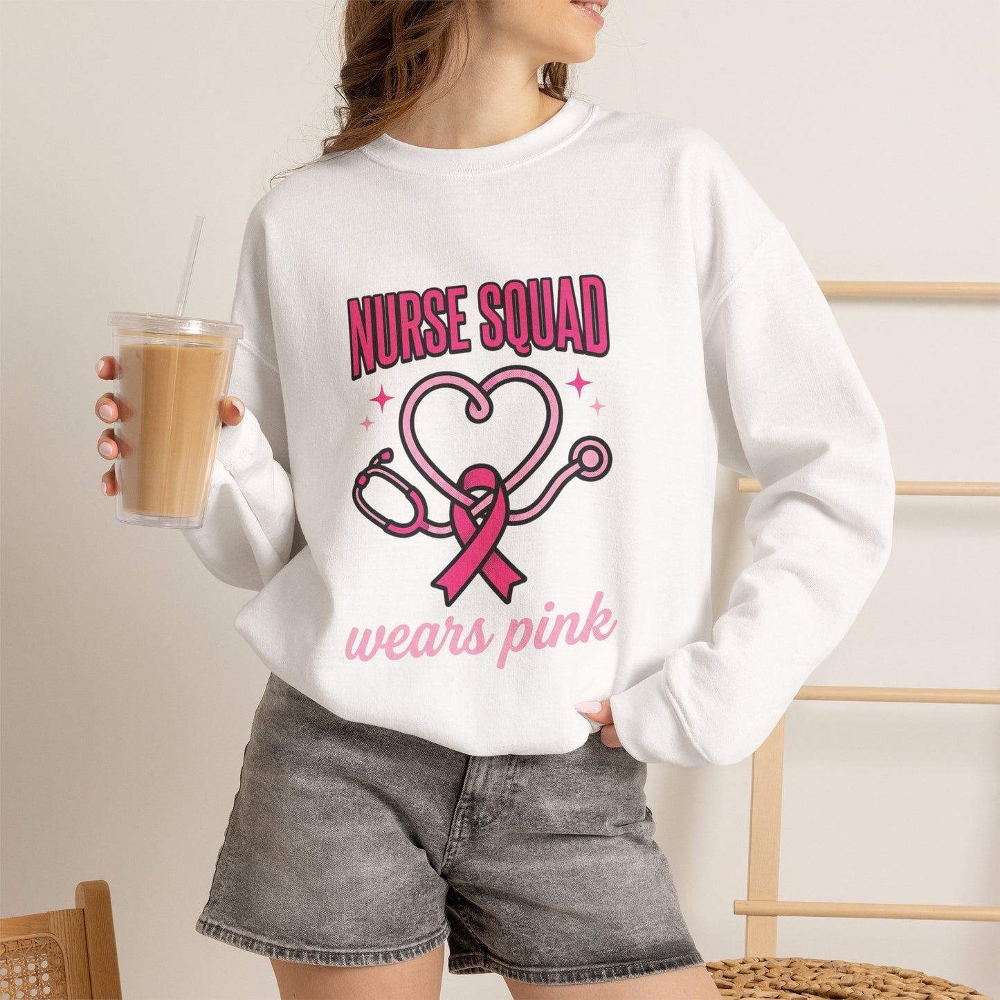 Crewneck Sweatshirt | Nurse Squad Wears Pink | Breast Cancer Awareness Nurse Pullover