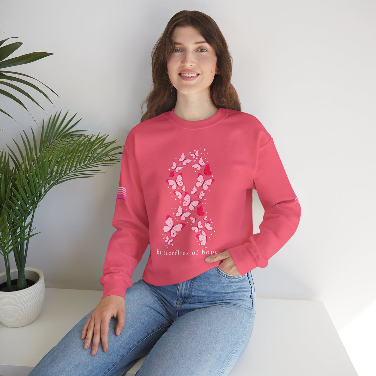 Pink Ribbon Butterfly Crewneck Sweatshirt | Breast Cancer Awareness