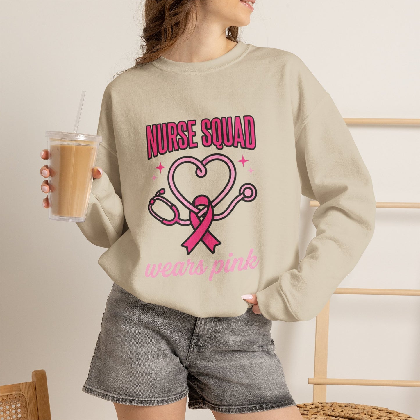 Crewneck Sweatshirt | Nurse Squad Wears Pink | Breast Cancer Awareness Nurse Pullover