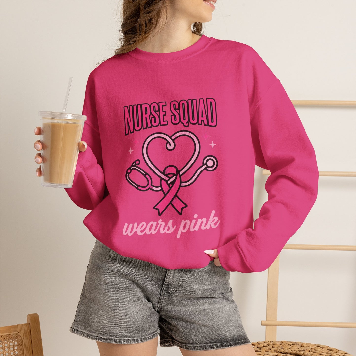 Crewneck Sweatshirt | Nurse Squad Wears Pink | Breast Cancer Awareness Nurse Pullover