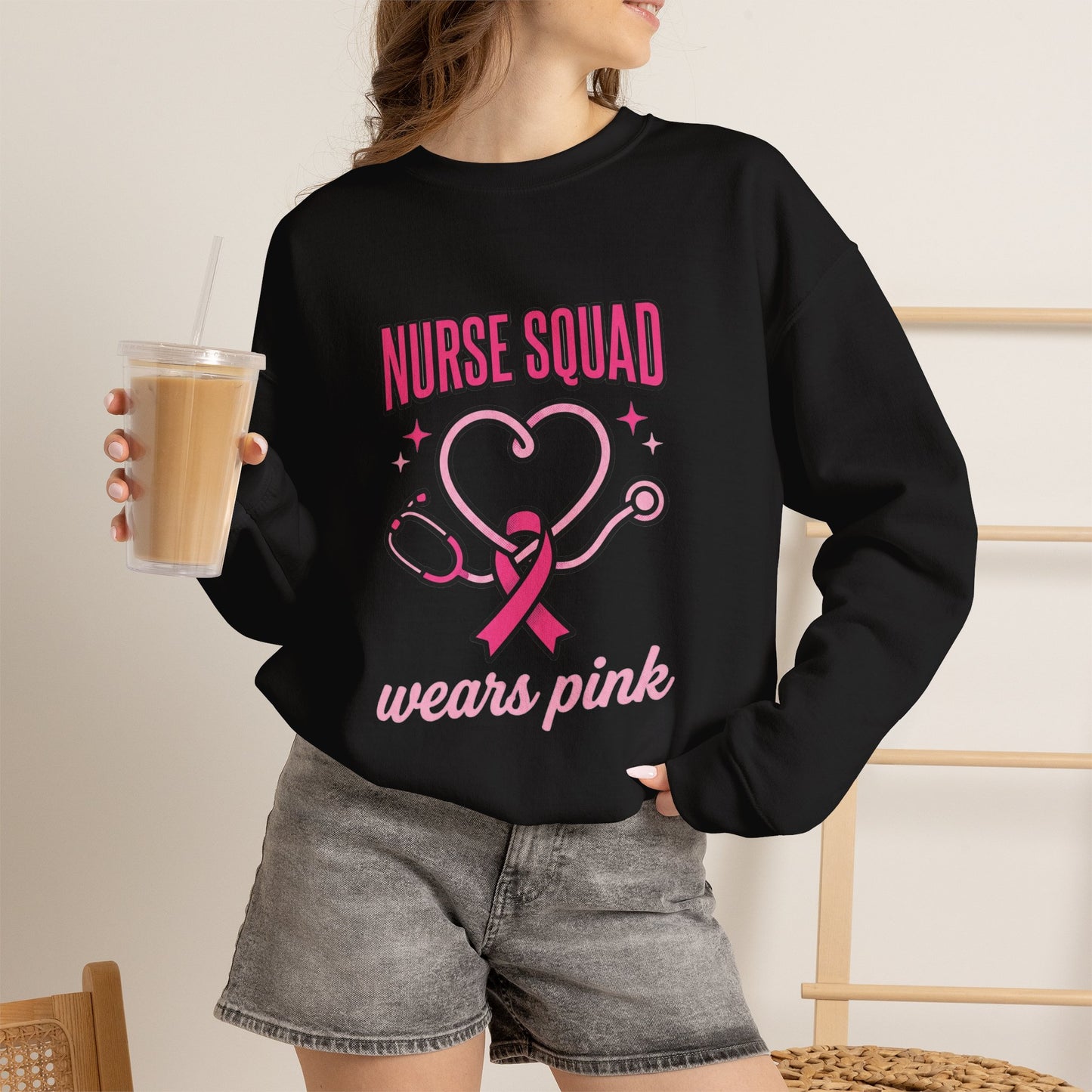 Crewneck Sweatshirt | Nurse Squad Wears Pink | Breast Cancer Awareness Nurse Pullover