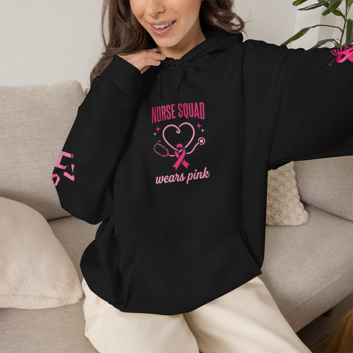 Nurse Squad Wears Pink Hoodie | Breast Cancer Awareness Nurse Pullover | Pink Ribbon Support Hoodie