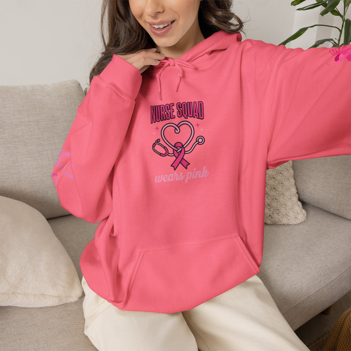 Nurse Squad Wears Pink Hoodie | Breast Cancer Awareness Nurse Pullover | Pink Ribbon Support Hoodie