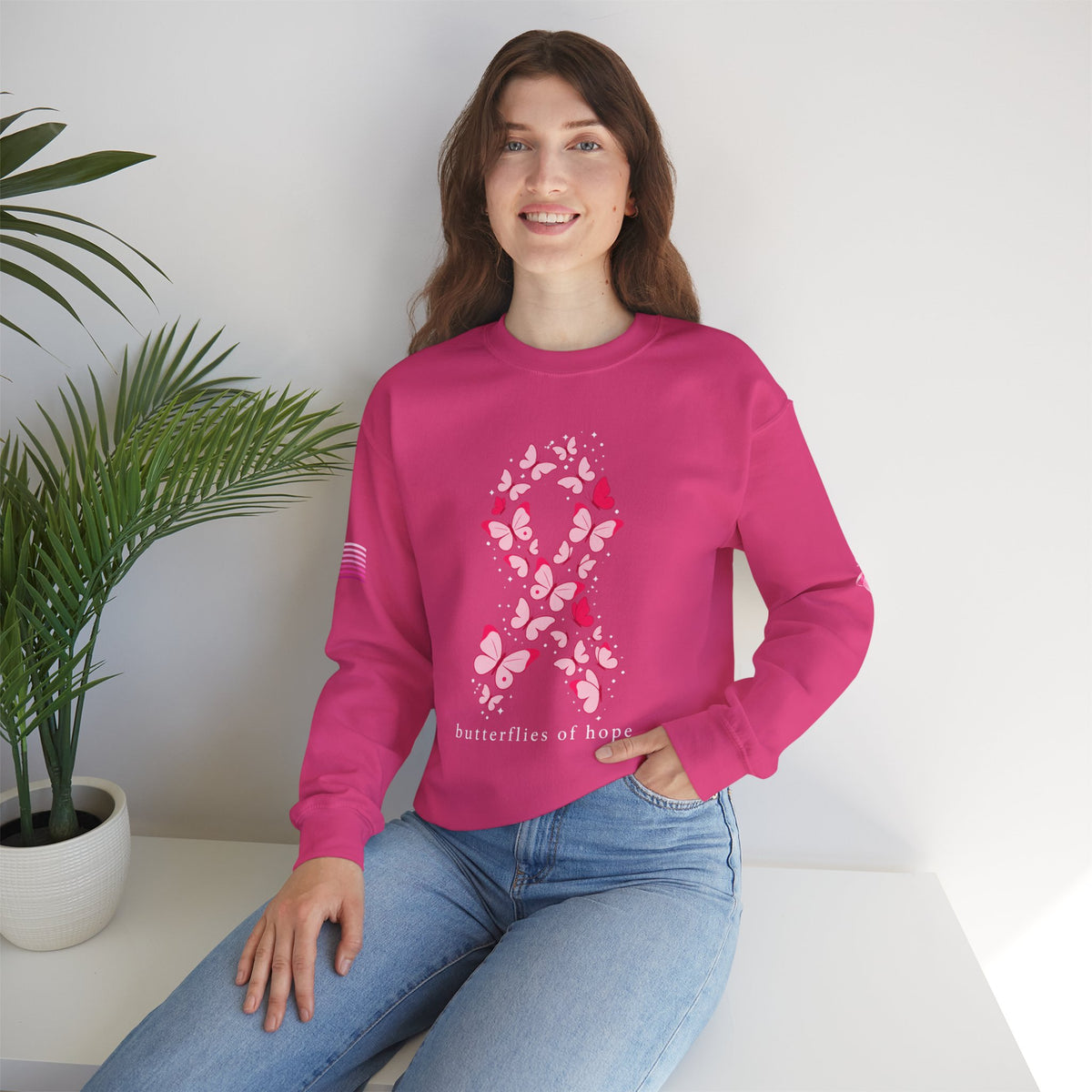 Pink Ribbon Butterfly Crewneck Sweatshirt | Breast Cancer Awareness