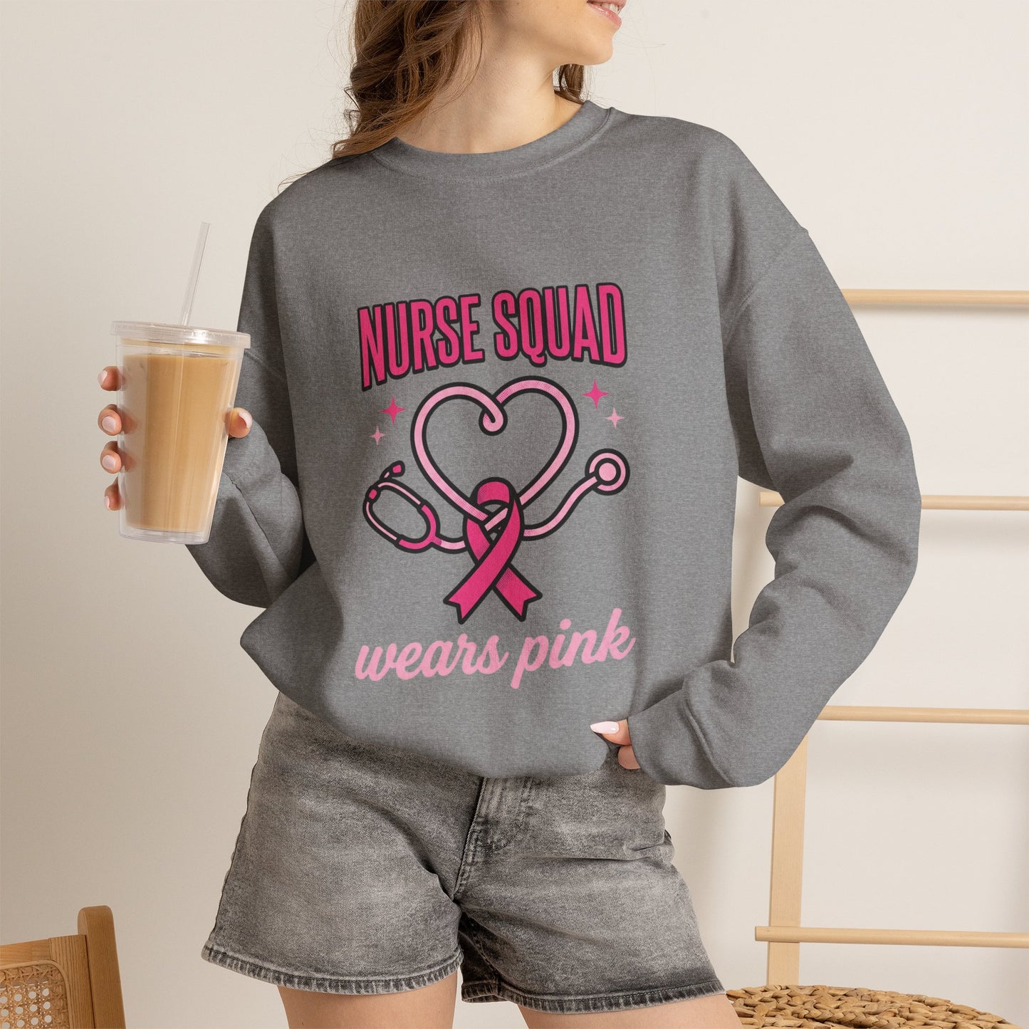 Crewneck Sweatshirt | Nurse Squad Wears Pink | Breast Cancer Awareness Nurse Pullover