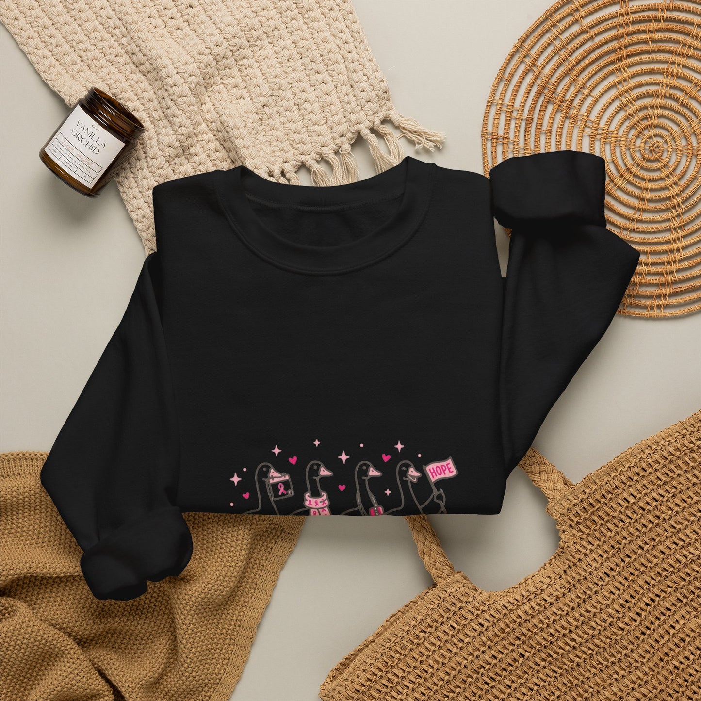 Cancer Awareness Ducks Crewneck Sweatshirt | Pink Ribbon, Supportive Typography