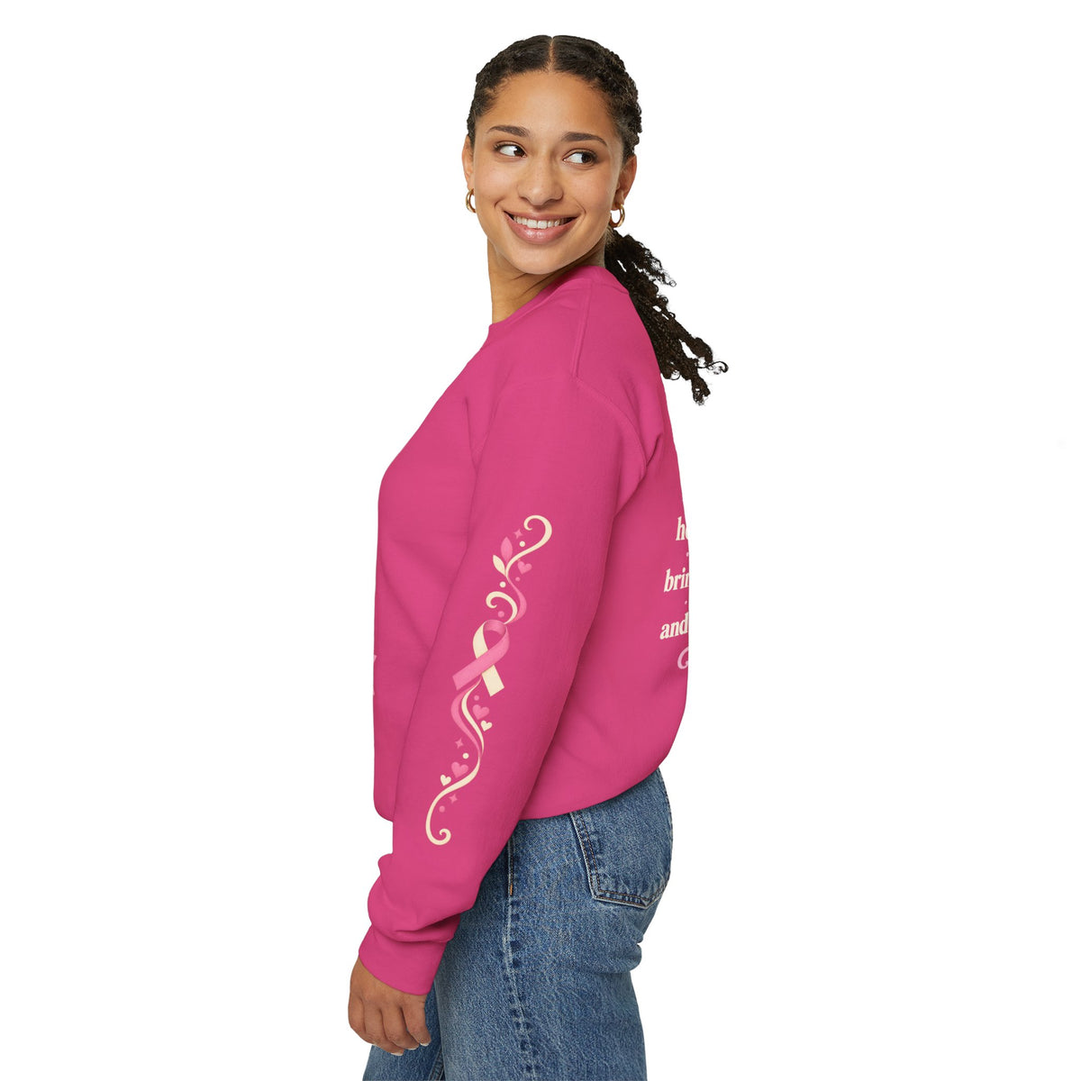 In This House We Wear Pink Crewneck Sweatshirt | Breast Cancer Awareness, Faith & Hope