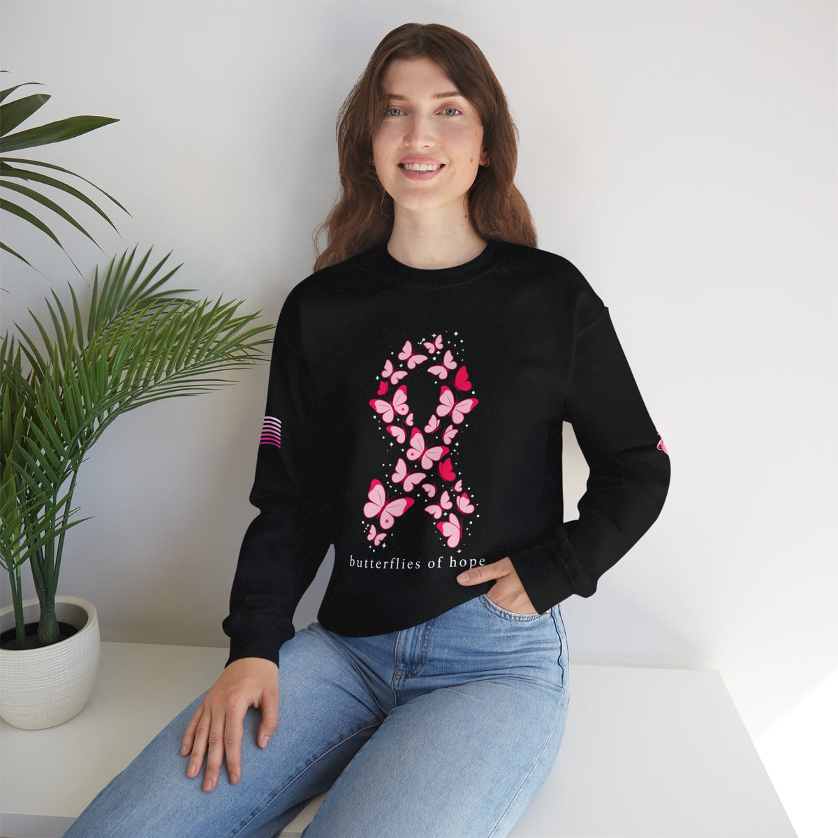 Pink Ribbon Butterfly Crewneck Sweatshirt | Breast Cancer Awareness