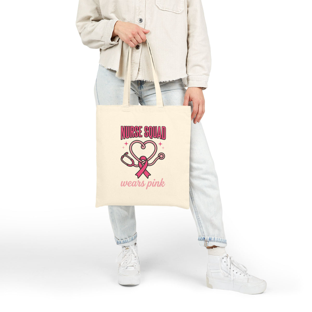 Nurse Squad Wears Pink Tote Bag | Breast Cancer Awareness Nurse Gift | Reusable Cotton Carryall