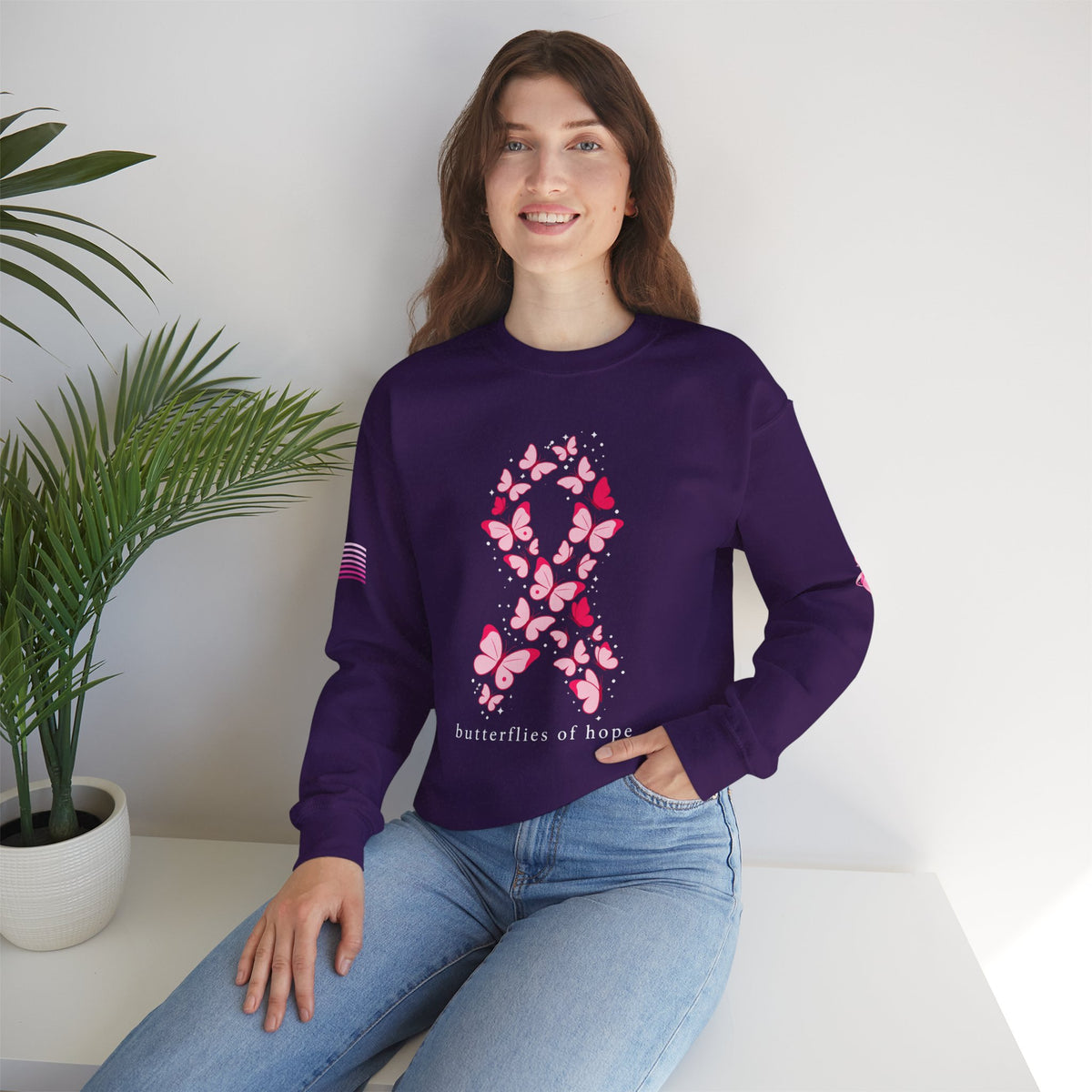 Pink Ribbon Butterfly Crewneck Sweatshirt | Breast Cancer Awareness