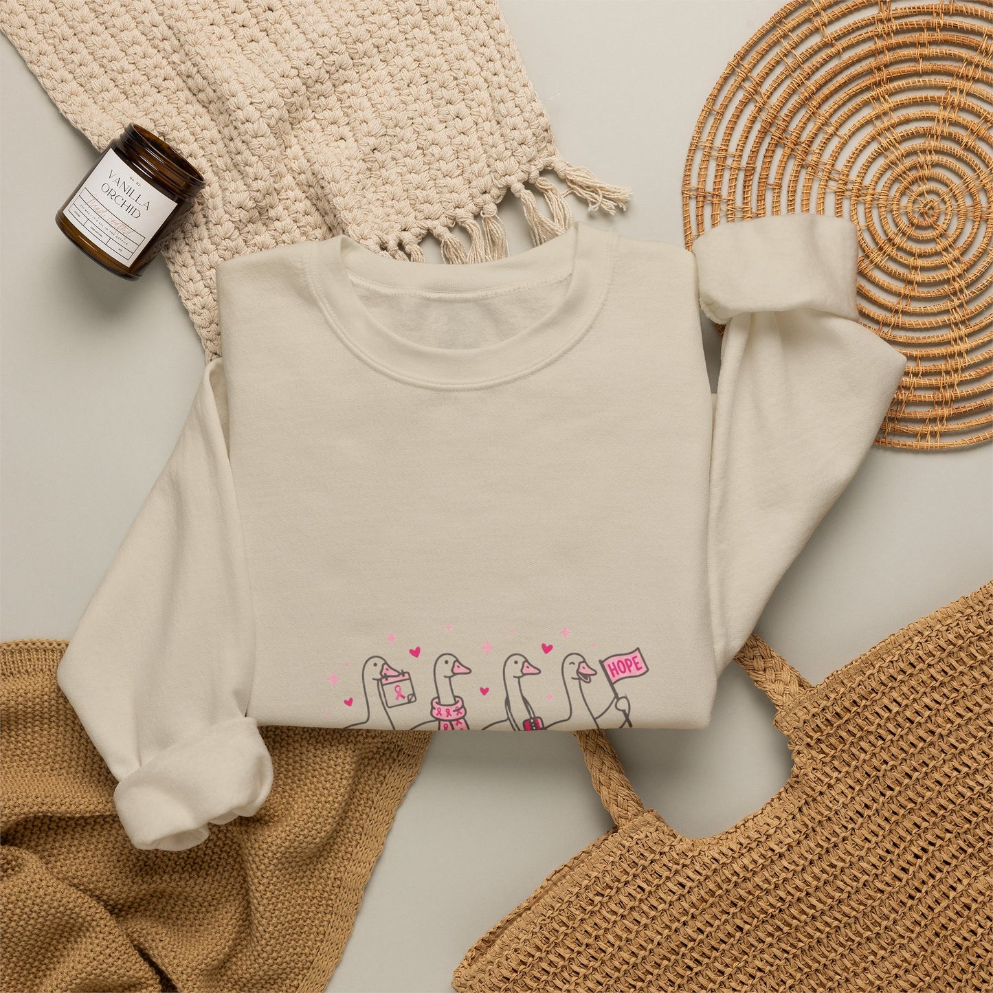 Cancer Awareness Ducks Crewneck Sweatshirt | Pink Ribbon, Supportive Typography