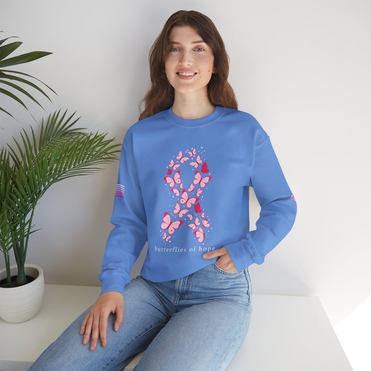 Pink Ribbon Butterfly Crewneck Sweatshirt | Breast Cancer Awareness