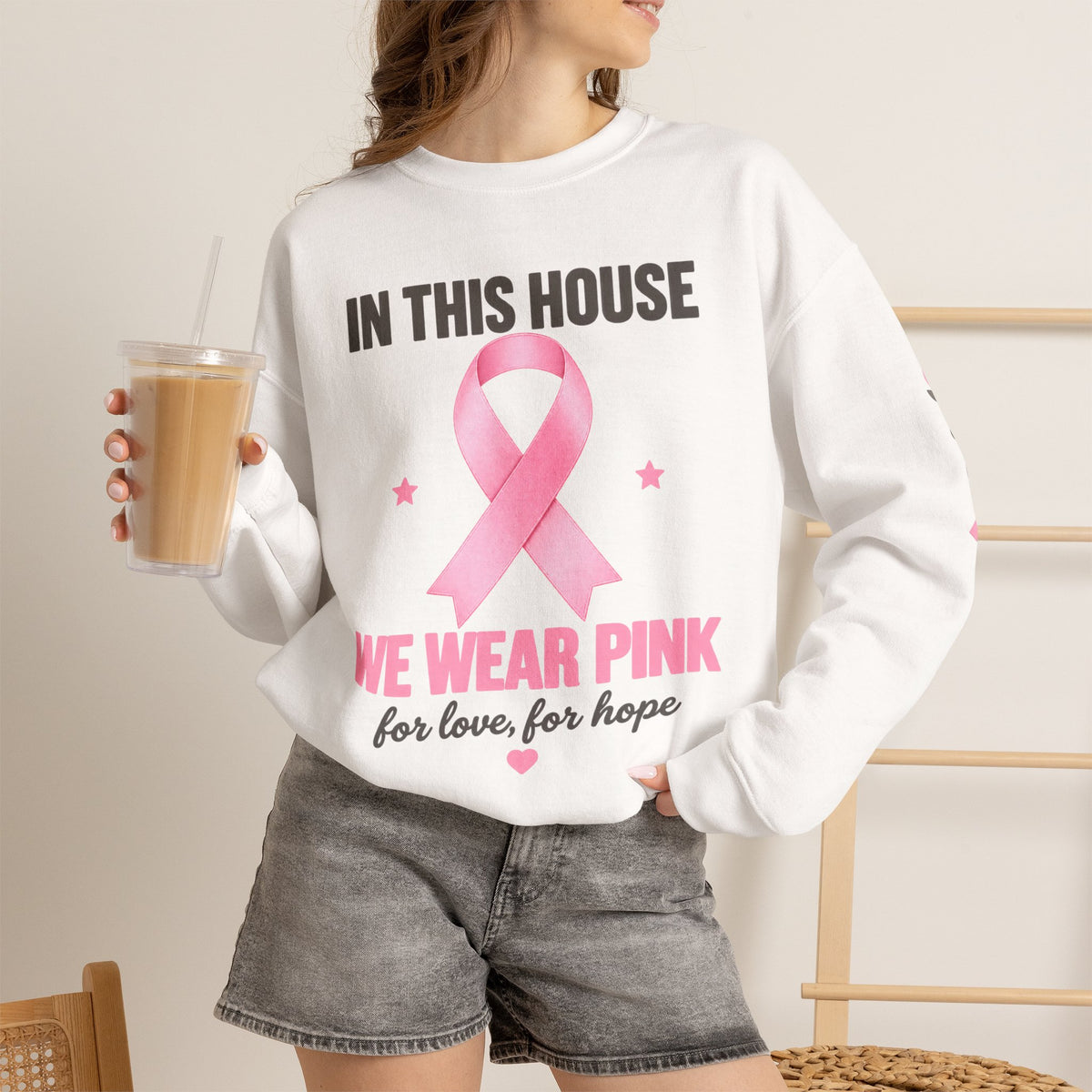 In This House We Wear Pink Crewneck Sweatshirt | Breast Cancer Awareness, Faith & Hope