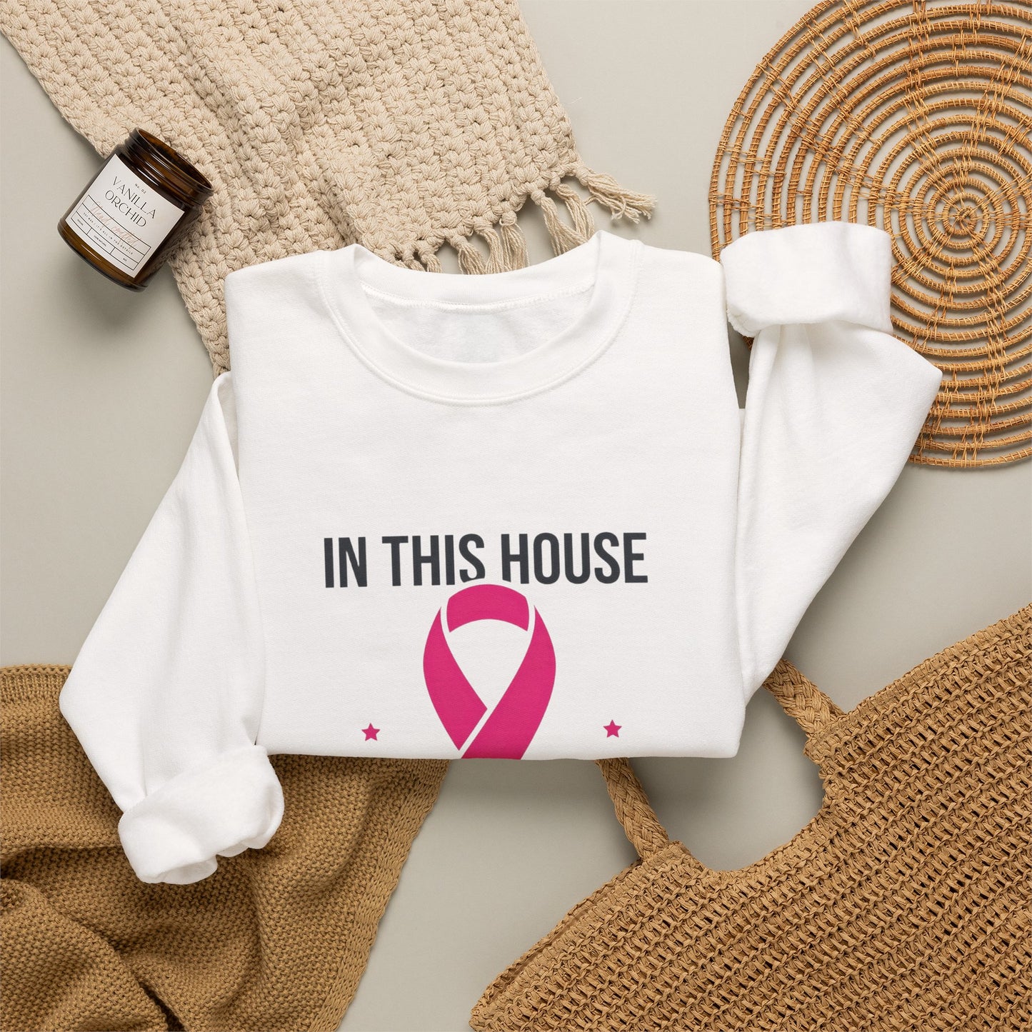 In This House We Wear Pink Crewneck Sweatshirt | Breast Cancer Awareness ribbon