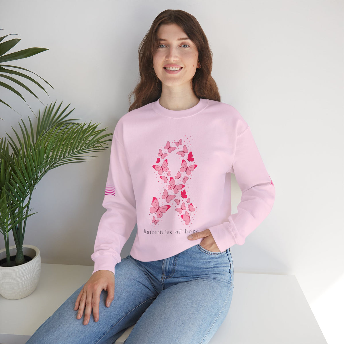 Pink Ribbon Butterfly Crewneck Sweatshirt | Breast Cancer Awareness