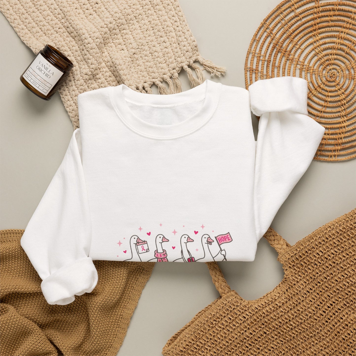 Cancer Awareness Ducks Crewneck Sweatshirt | Pink Ribbon, Supportive Typography