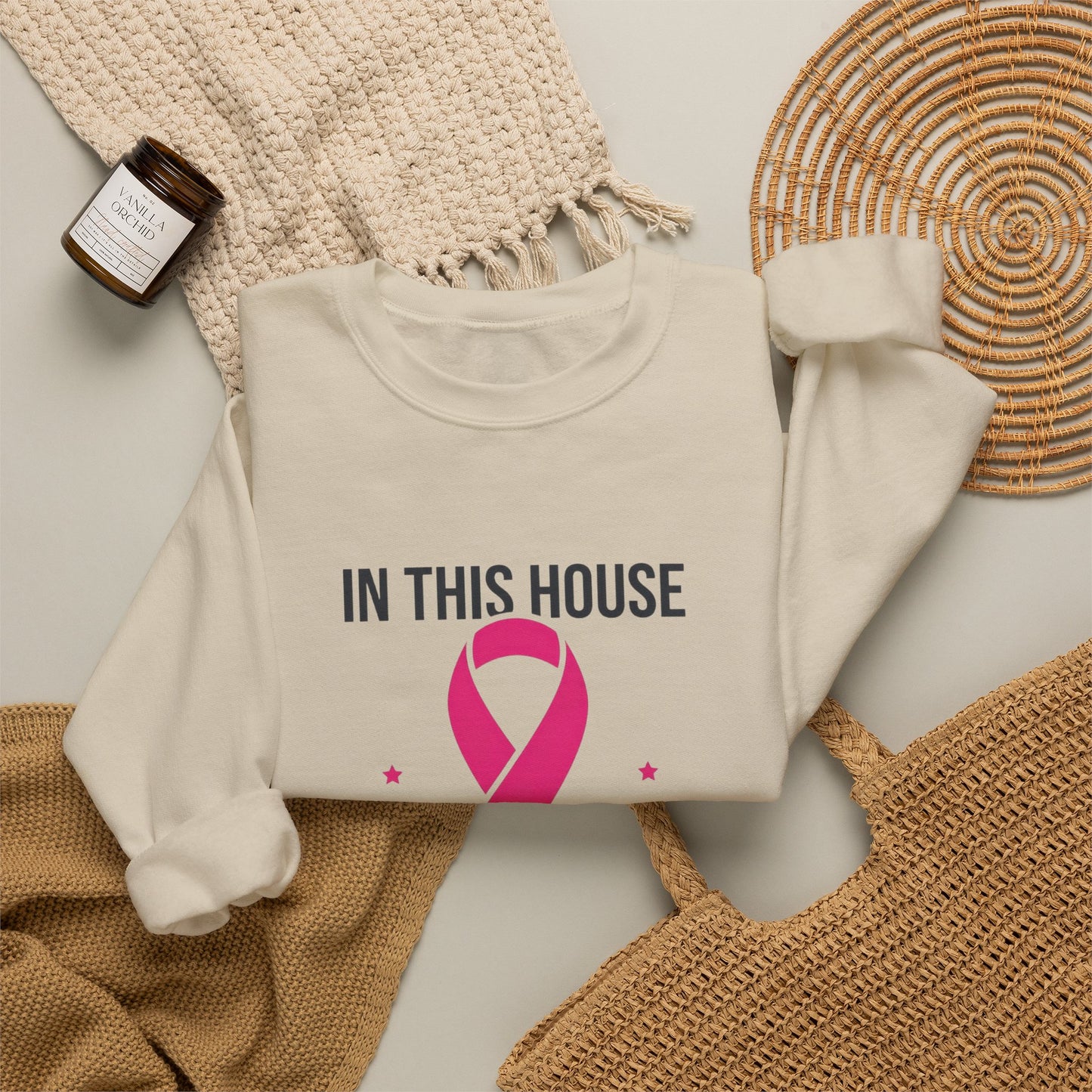 In This House We Wear Pink Crewneck Sweatshirt | Breast Cancer Awareness ribbon