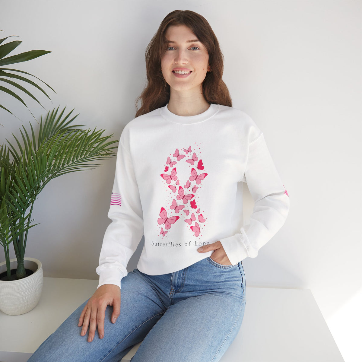 Pink Ribbon Butterfly Crewneck Sweatshirt | Breast Cancer Awareness