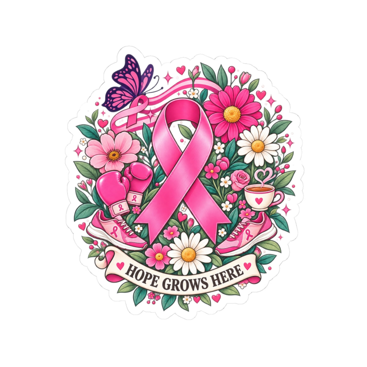 Hope Grows Here Sticker | Breast Cancer Awareness, Pink Ribbon Floral Design