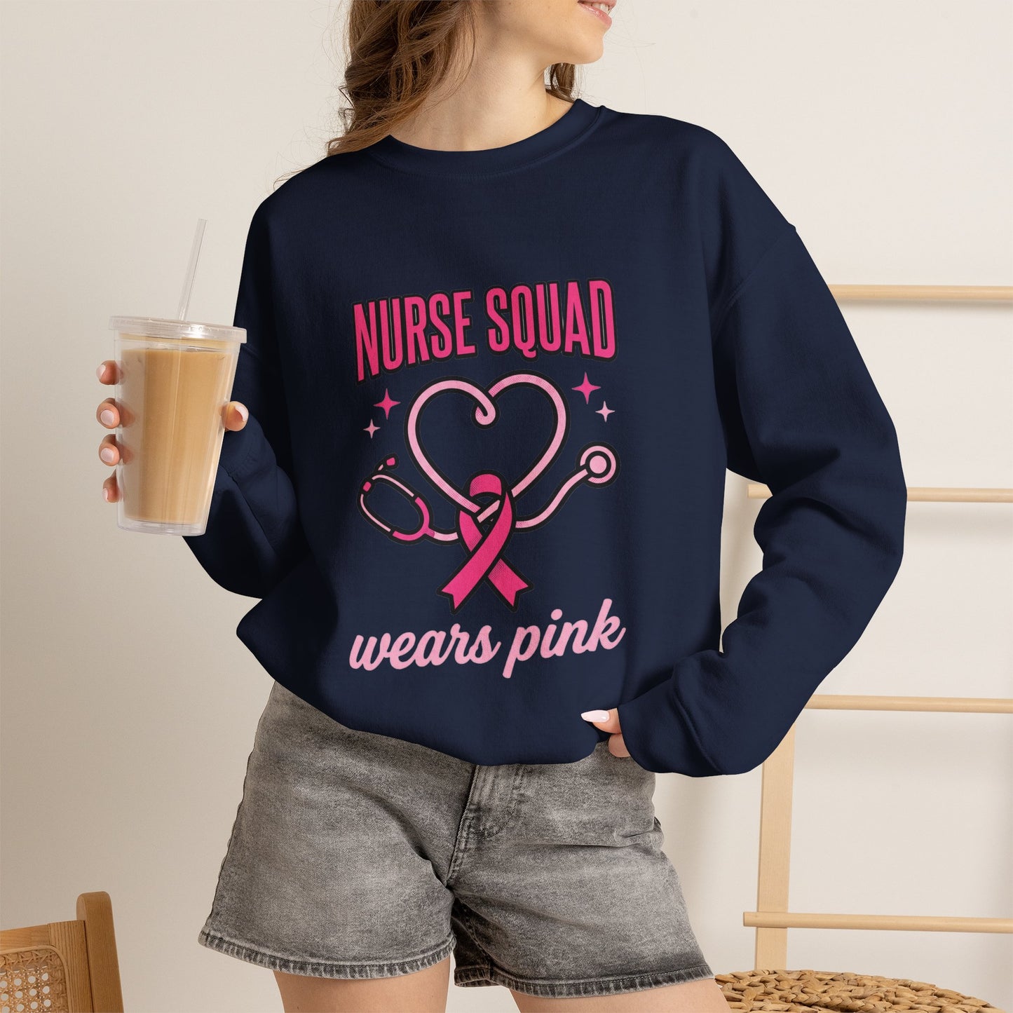 Crewneck Sweatshirt | Nurse Squad Wears Pink | Breast Cancer Awareness Nurse Pullover