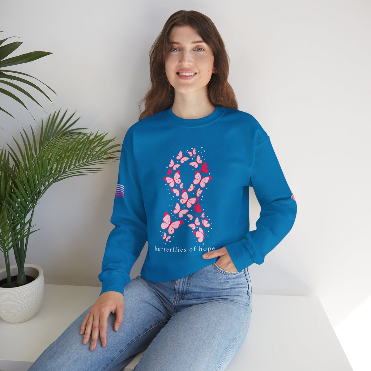 Pink Ribbon Butterfly Crewneck Sweatshirt | Breast Cancer Awareness