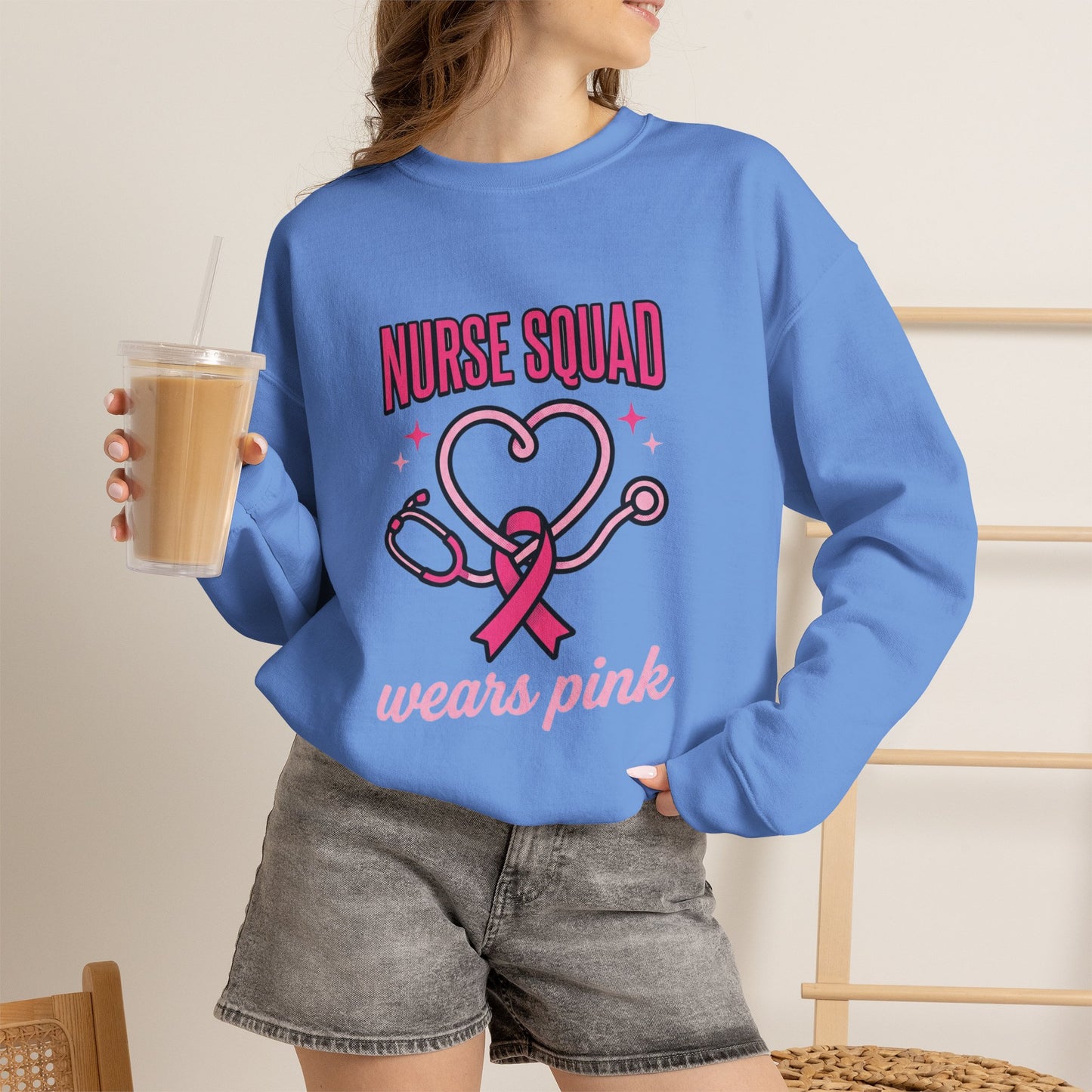 Crewneck Sweatshirt | Nurse Squad Wears Pink | Breast Cancer Awareness Nurse Pullover