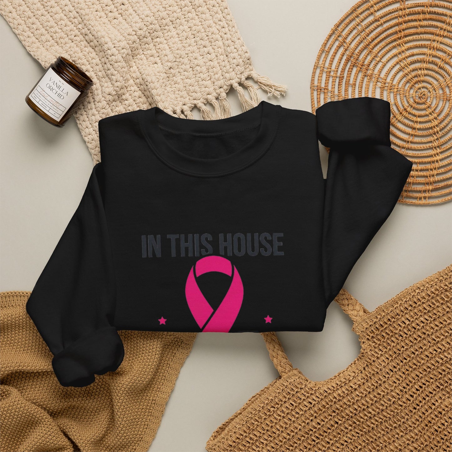 In This House We Wear Pink Crewneck Sweatshirt | Breast Cancer Awareness ribbon