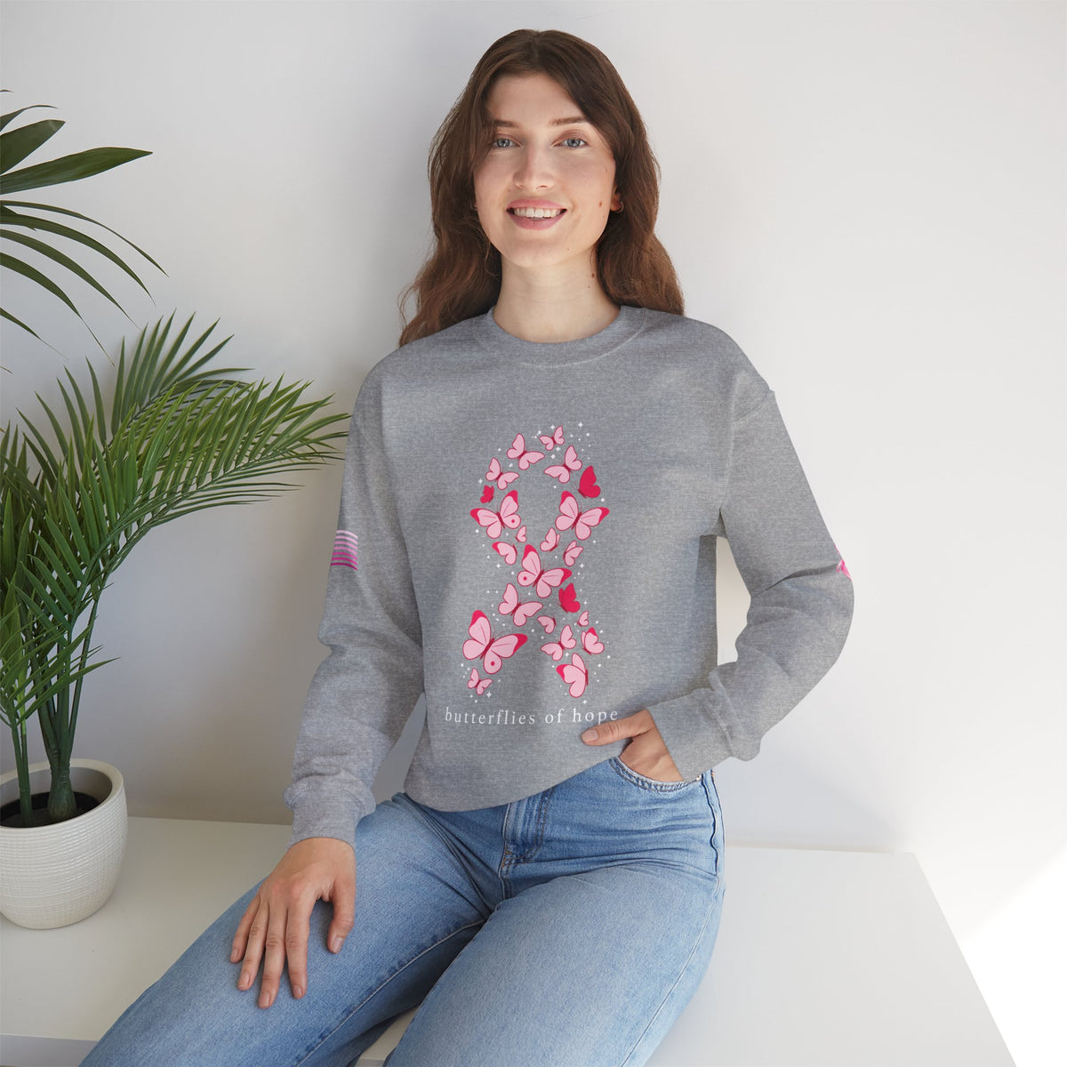 Pink Ribbon Butterfly Crewneck Sweatshirt | Breast Cancer Awareness
