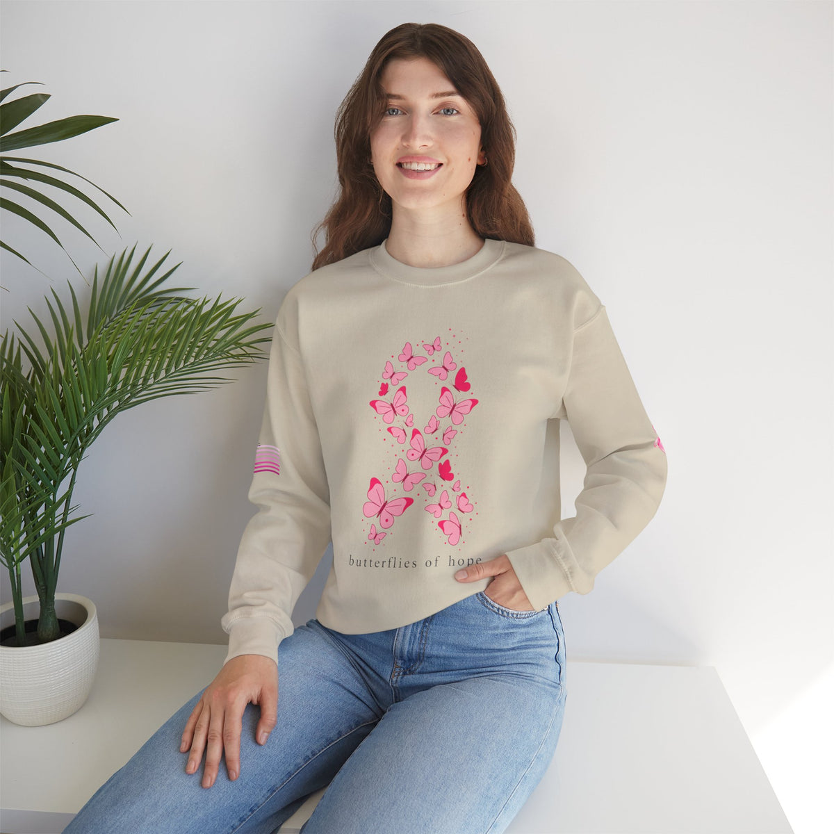 Pink Ribbon Butterfly Crewneck Sweatshirt | Breast Cancer Awareness
