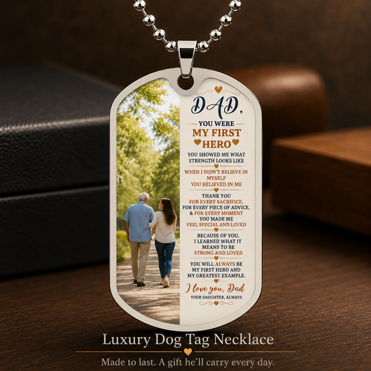 Luxury Dog Tag Necklace for Dad from Daughter – Hero Message – Meaningful Gift for Father