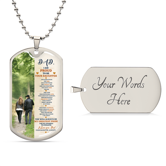 Luxury Dog Tag Necklace for Dad from Daughter – Proud Message – Meaningful Gift for Father
