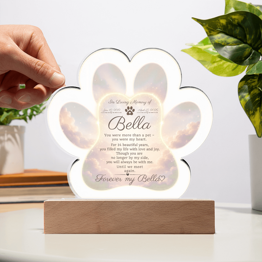 Paw Print Memorial Acrylic Plaque | Pet Loss Gift | Dog Remembrance Light | Sympathy Gift for Loss of Pet | LED Keepsake