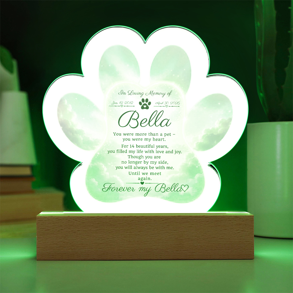 Paw Print Memorial Acrylic Plaque | Pet Loss Gift | Dog Remembrance Light | Sympathy Gift for Loss of Pet | LED Keepsake