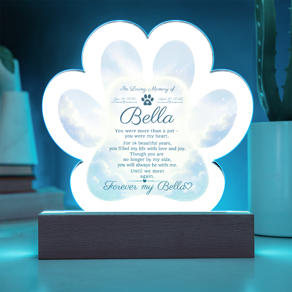 Paw Print Memorial Acrylic Plaque | Pet Loss Gift | Dog Remembrance Light | Sympathy Gift for Loss of Pet | LED Keepsake