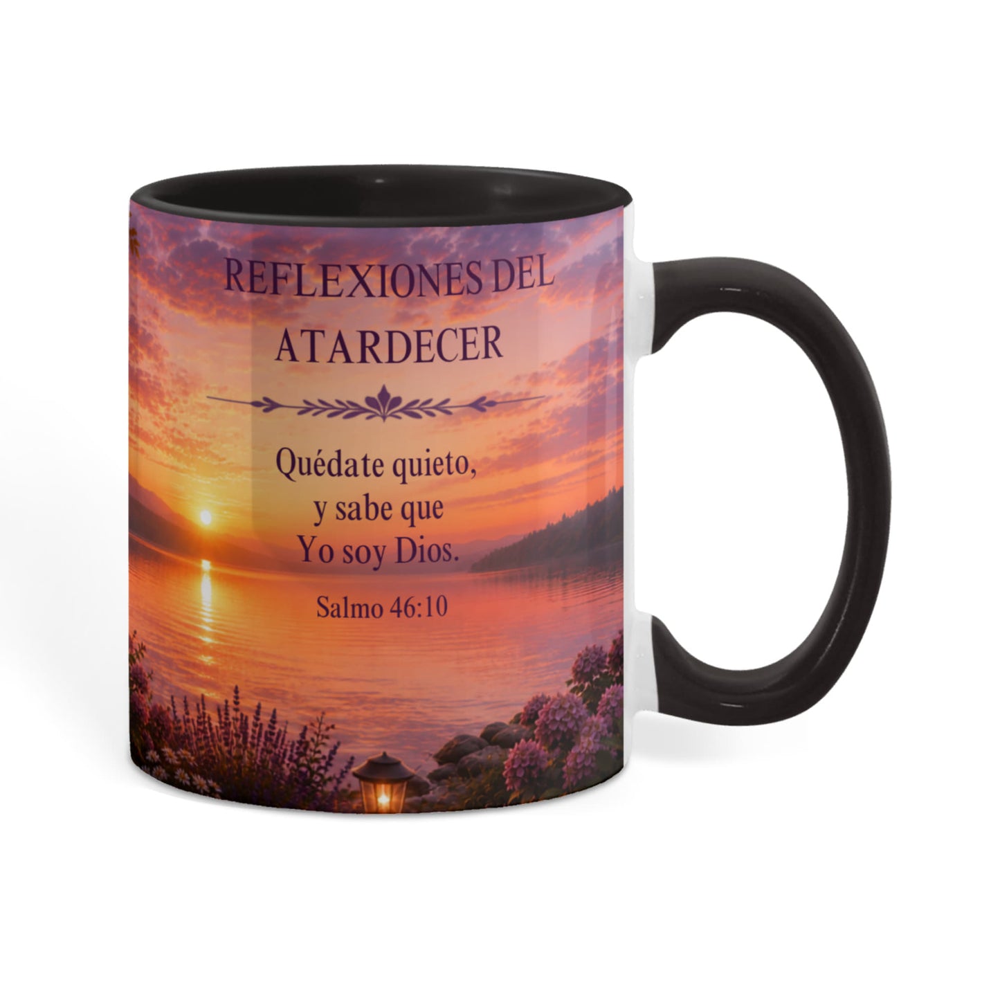 Reflexiones del Atardecer | Taza Cristiana con Acento de Color | Salmo 46:10