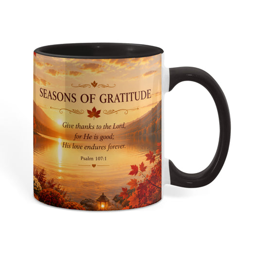 Seasons of Gratitude | Christian Color Accent Mug | Psalm 107:1