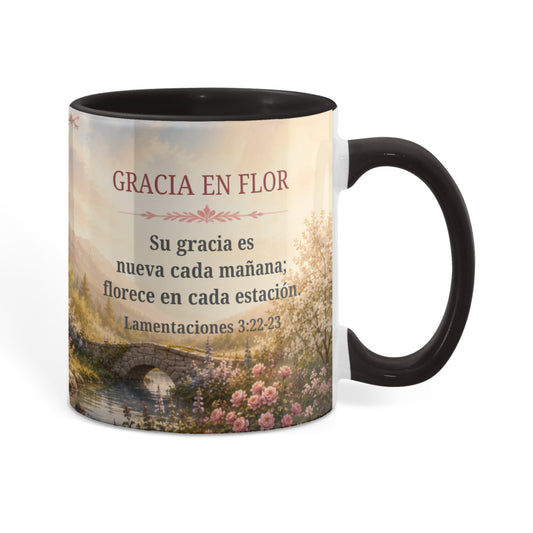 Gracia en Flor | Taza Cristiana con Acento de Color | Lamentaciones 3:22-23