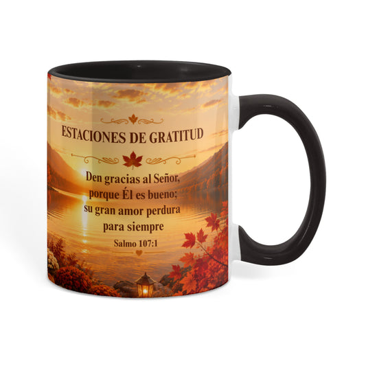 Estaciones de Gratitud | Taza Cristiana con Acento de Color | Salmo 107:1
