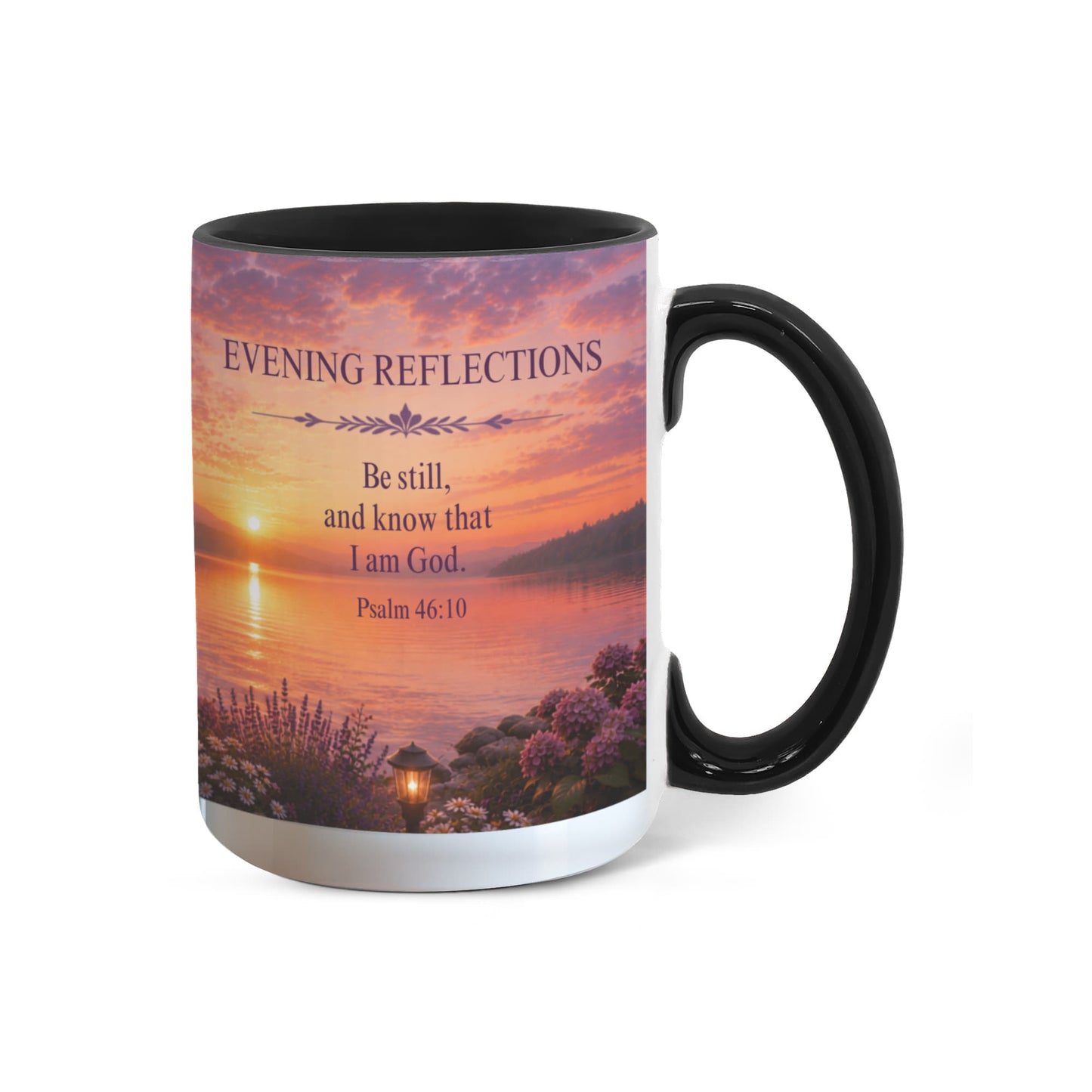Evening Reflections | Christian Color Accent Coffee Mug | Psalm 46:10 | Inspirational Bible Verse Ceramic Mug