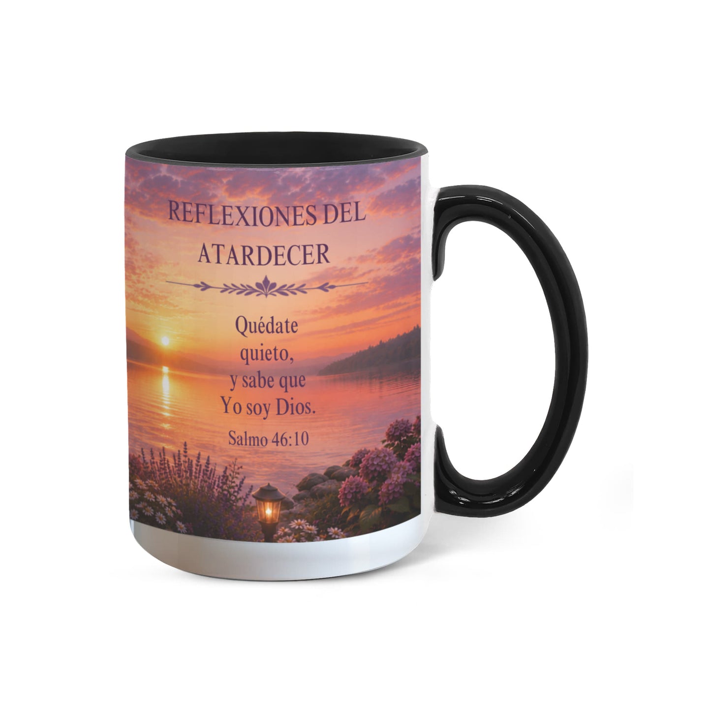 Reflexiones del Atardecer | Taza Cristiana con Acento de Color | Salmo 46:10